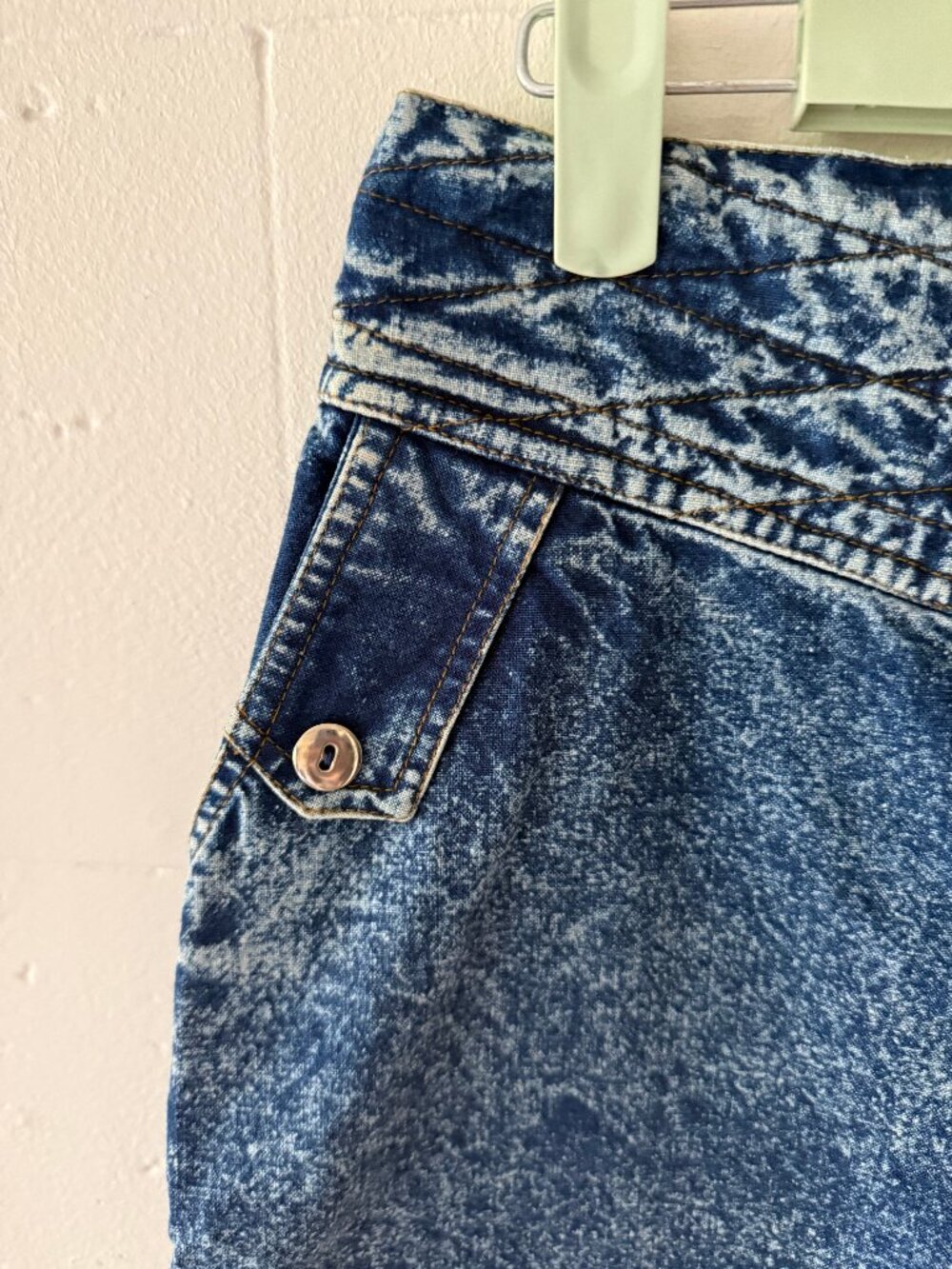 Vintage 80s Acid Wash Embroidered Floral Front Denim Midi Skirt | Small - Picture 5 of 16